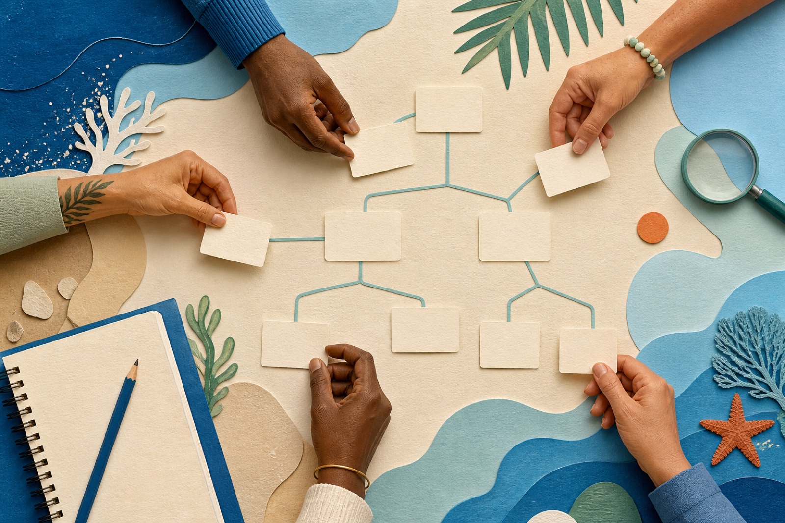 Hands organize connected word-family relationships across a shared workspace.