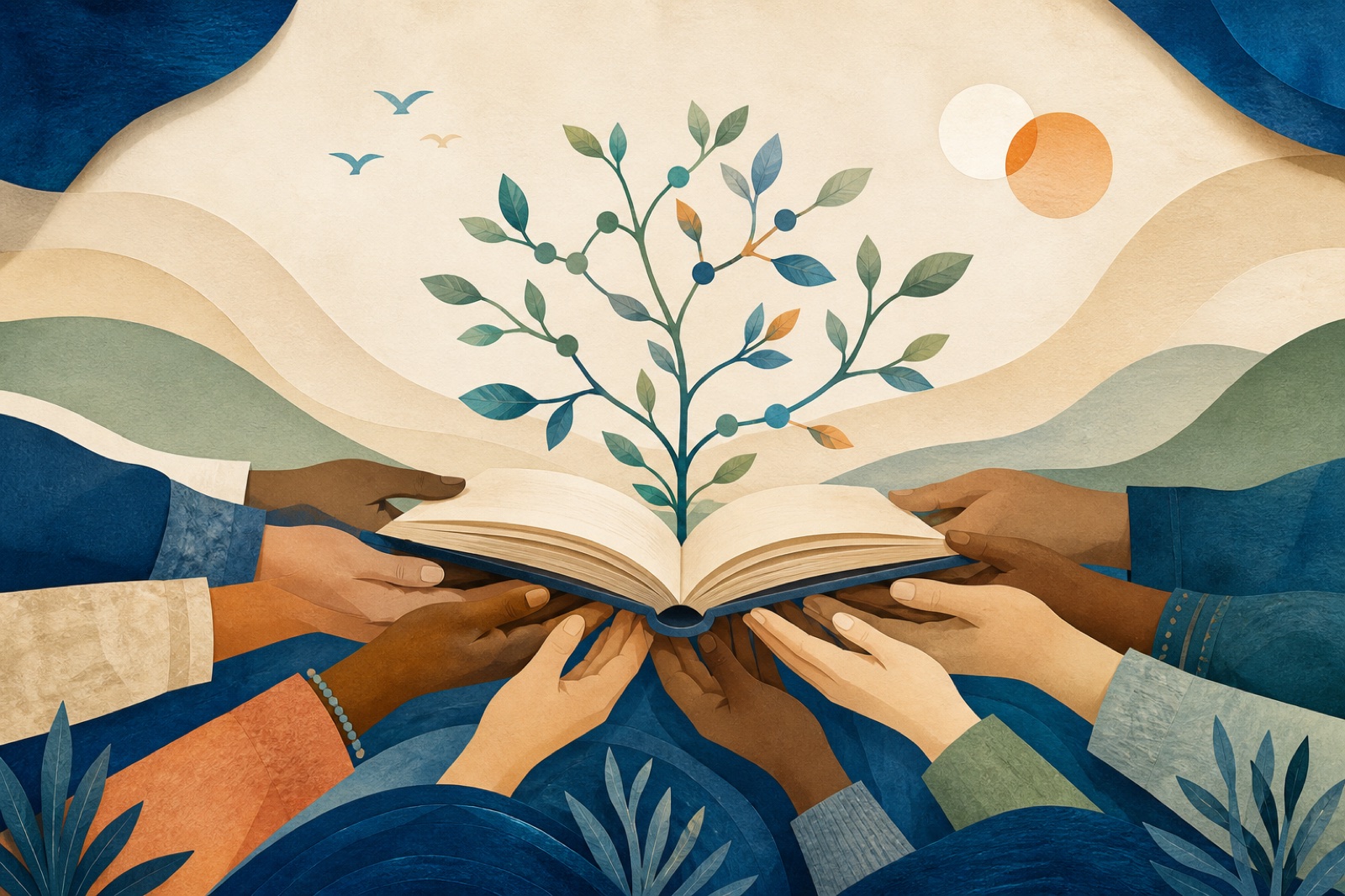 Many hands support new growth rising from an open book.