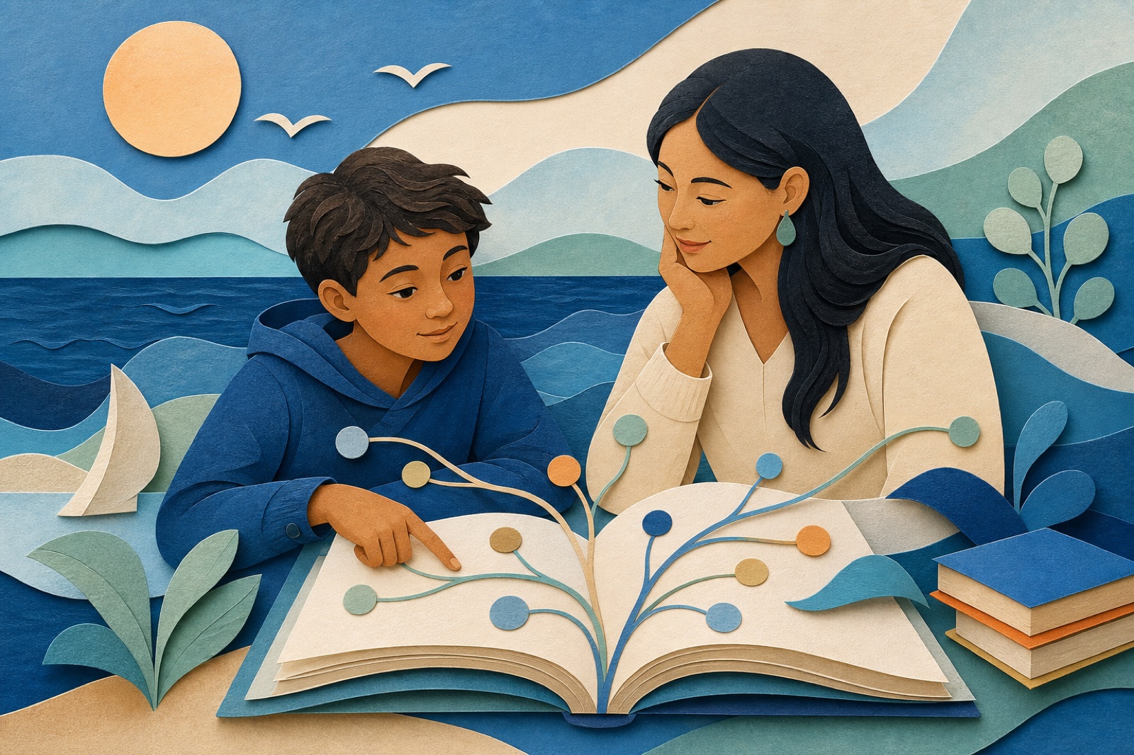 A learner and educator explore an open book together in a calm, supportive setting.