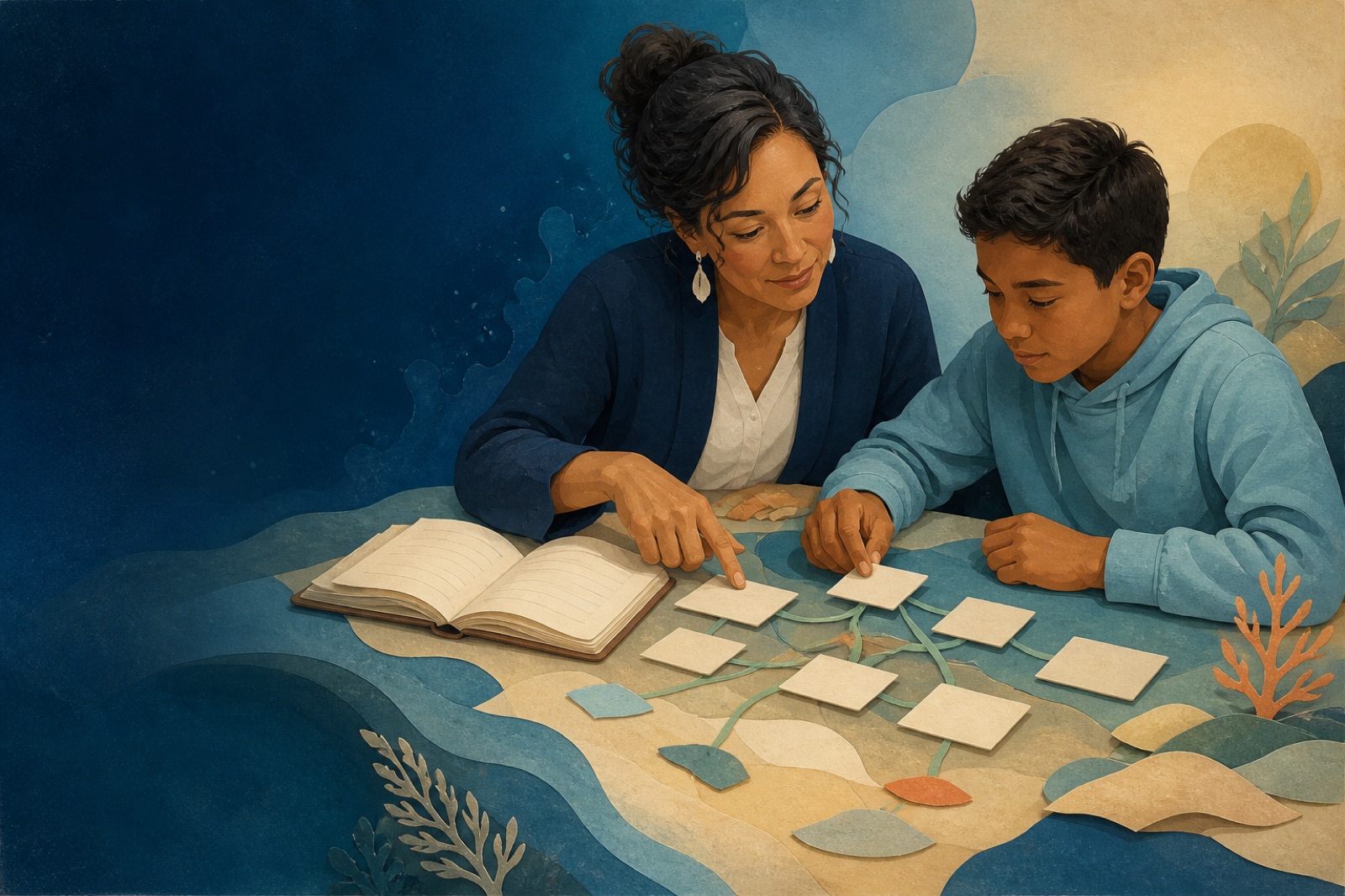 An educator and learner examine connected word cards together.